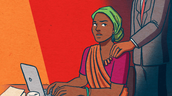 An illustration of a woman being harassed at work 